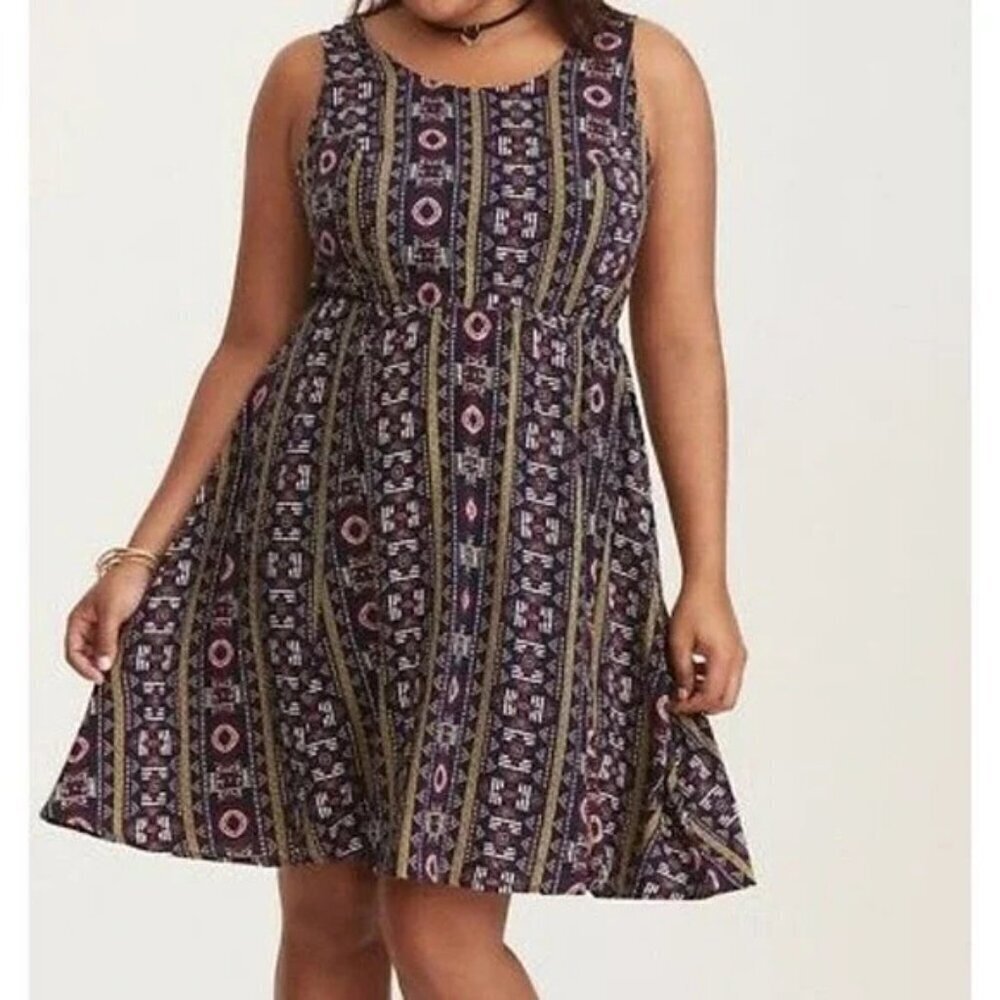 Torrid 2 Multicolor Geo Print challis Bow Back Tank Skater Dress Plus Size 2X